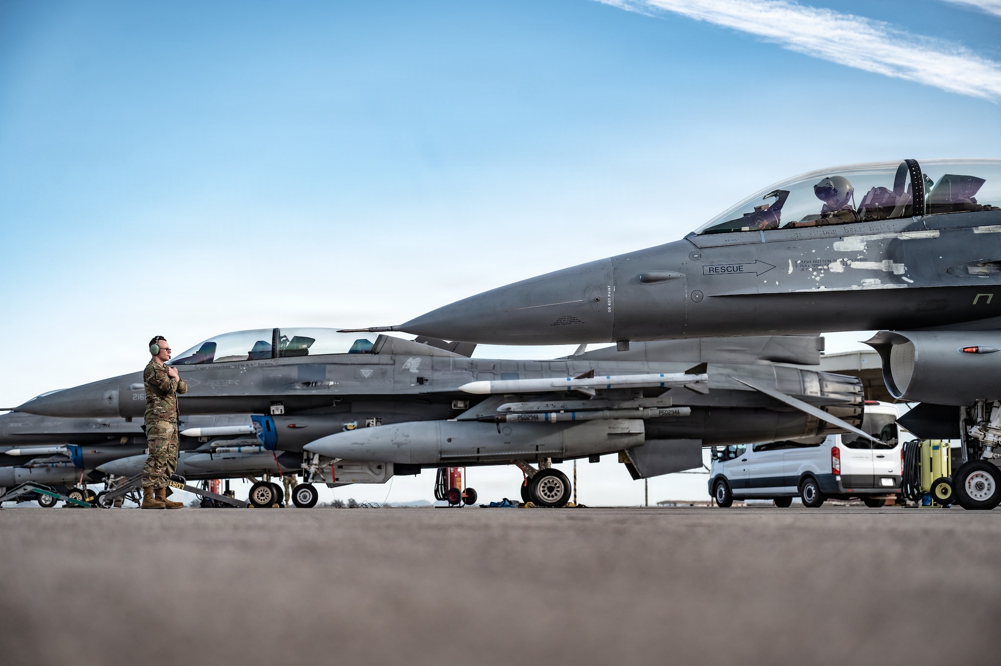A U.S. Air Force Airman from the 49th Fighter Wing, prepares an F-16 Fighting Falcon for flight, Jan. 29, 2026, at Luke Air Force Base, Arizona. The effort highlights the role of maintenance professionals in enabling fourth- and fifth-generation fighter integration and sustaining combat readiness. (U.S. Air Force photo by Airman 1st Class Belinda Guachun-Chichay)