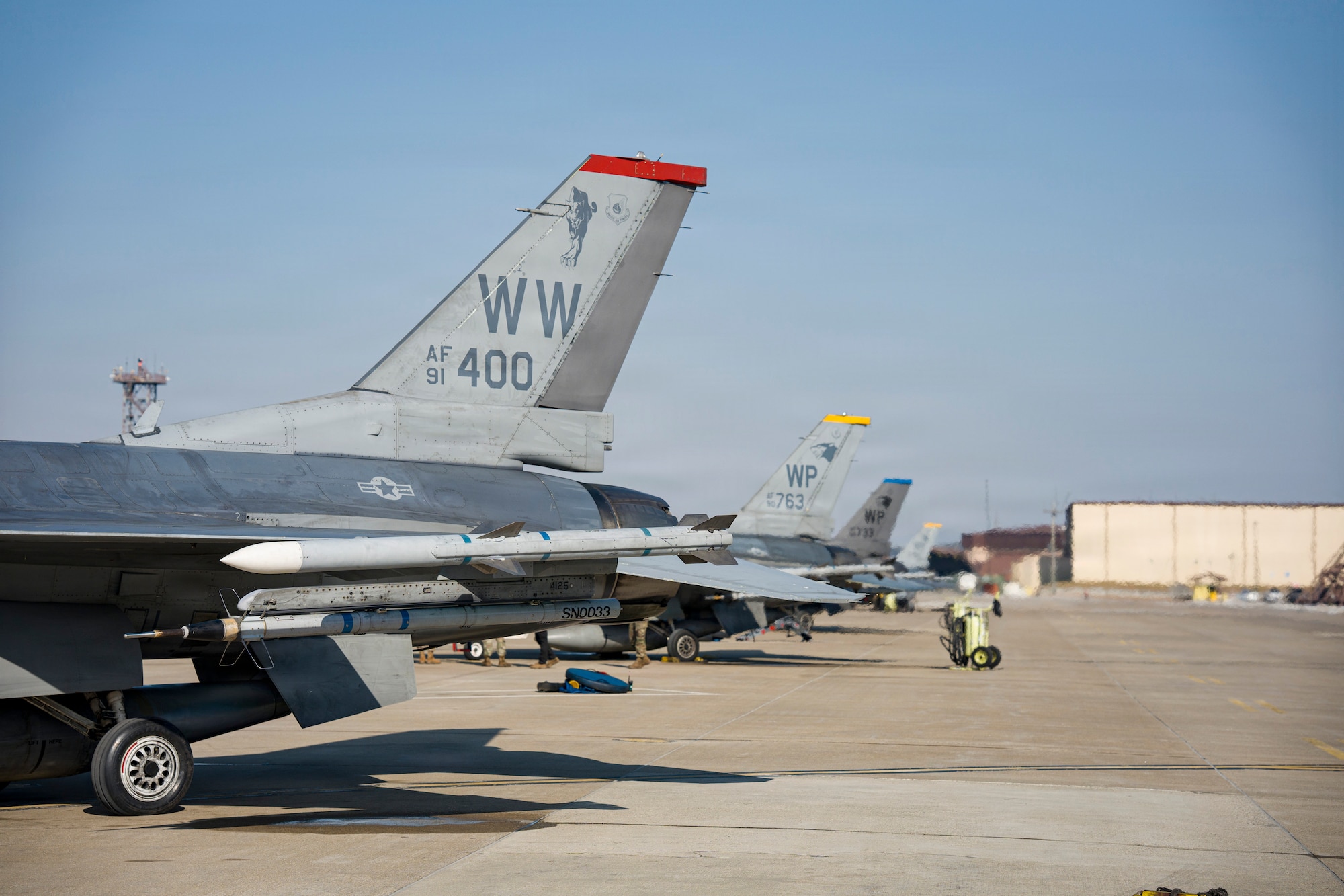 U.S. Air Force F-16 Fighting Falcons assigned to the 35th Fighter Squadron and the 36th Fighter Squadron prepare for a flying surge at Osan Air Base, Republic of Korea, Jan. 28, 2026.