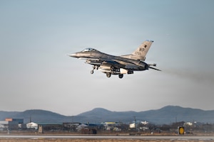 A U.S. Air Force F-16 Fighting Falcon assigned to the 35th Fighter Squadron takes off during a flying surge at Osan Air Base, Republic of Korea, Jan. 28, 2026.