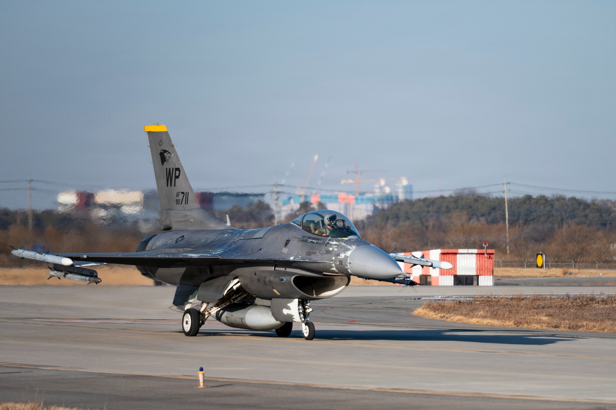 A U.S. Air Force F-16 Fighting Falcon assigned to the 35th Fighter Squadron lands after a flying surge at Osan Air Base, Republic of Korea, Jan. 28, 2026.
