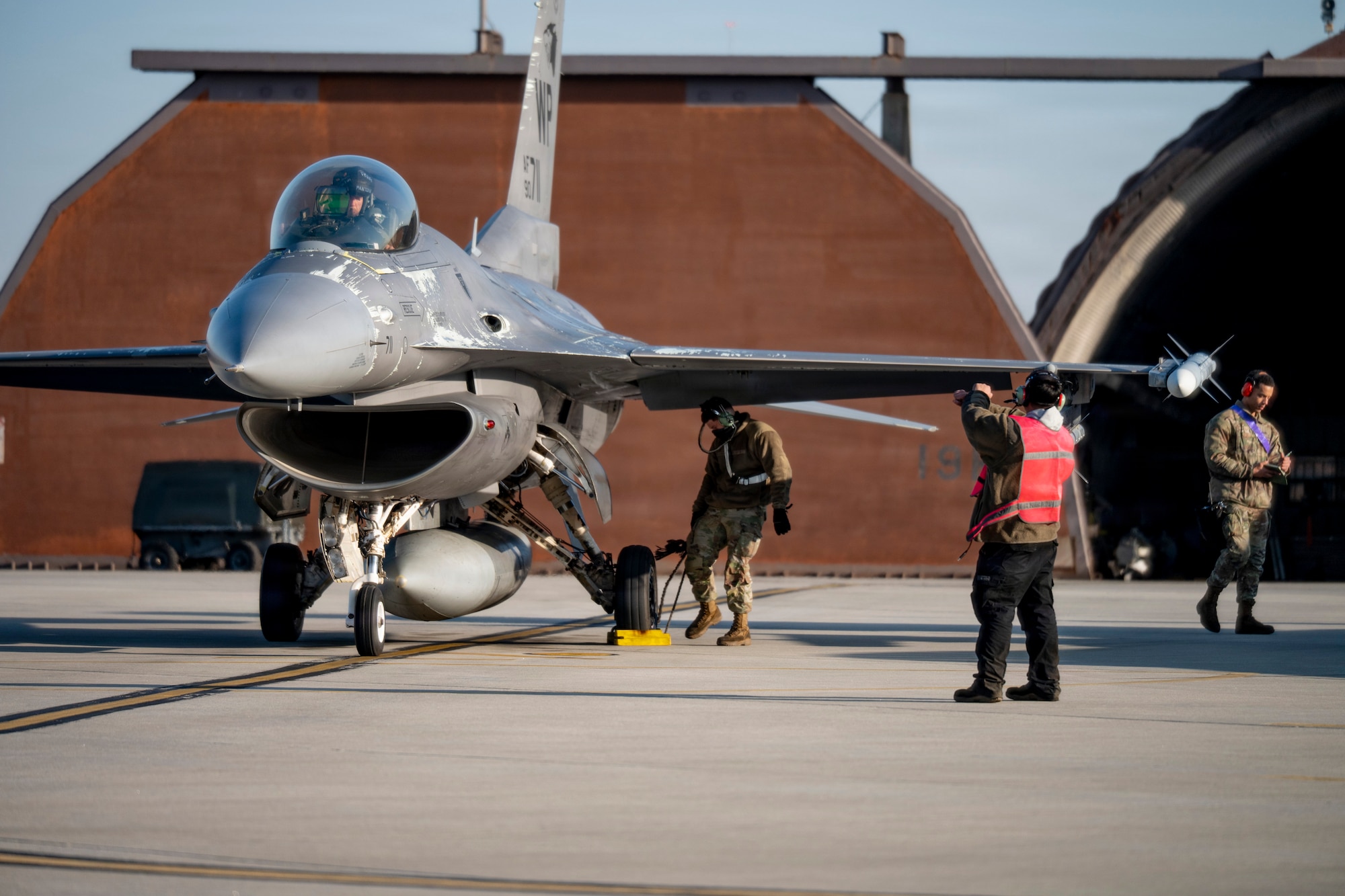 U.S. Air Force maintainers assigned to the 51st Maintenance Group perform postflight checks on a U.S. Air Force F-16 Fighting Falcon assigned to the 36th Fighter Squadron after a flying surge at Osan Air Base, Republic of Korea, Jan. 28, 2026.