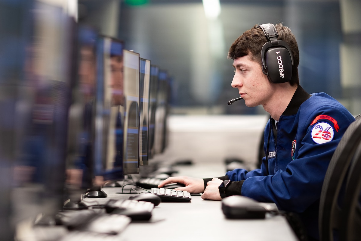 Cadet 1st Class Parker Fitzgerald works at a computer in the Multi-Domain Lab at the U.S. Air Force Academy in Colorado Springs, Colo., Jan. 14, 2026. Cadets study military strategy, doctrine, heritage and professionalism while developing the skills required to serve as officers in the Air Force and Space Force. (U.S. Air Force photo by Ray Bahner)
