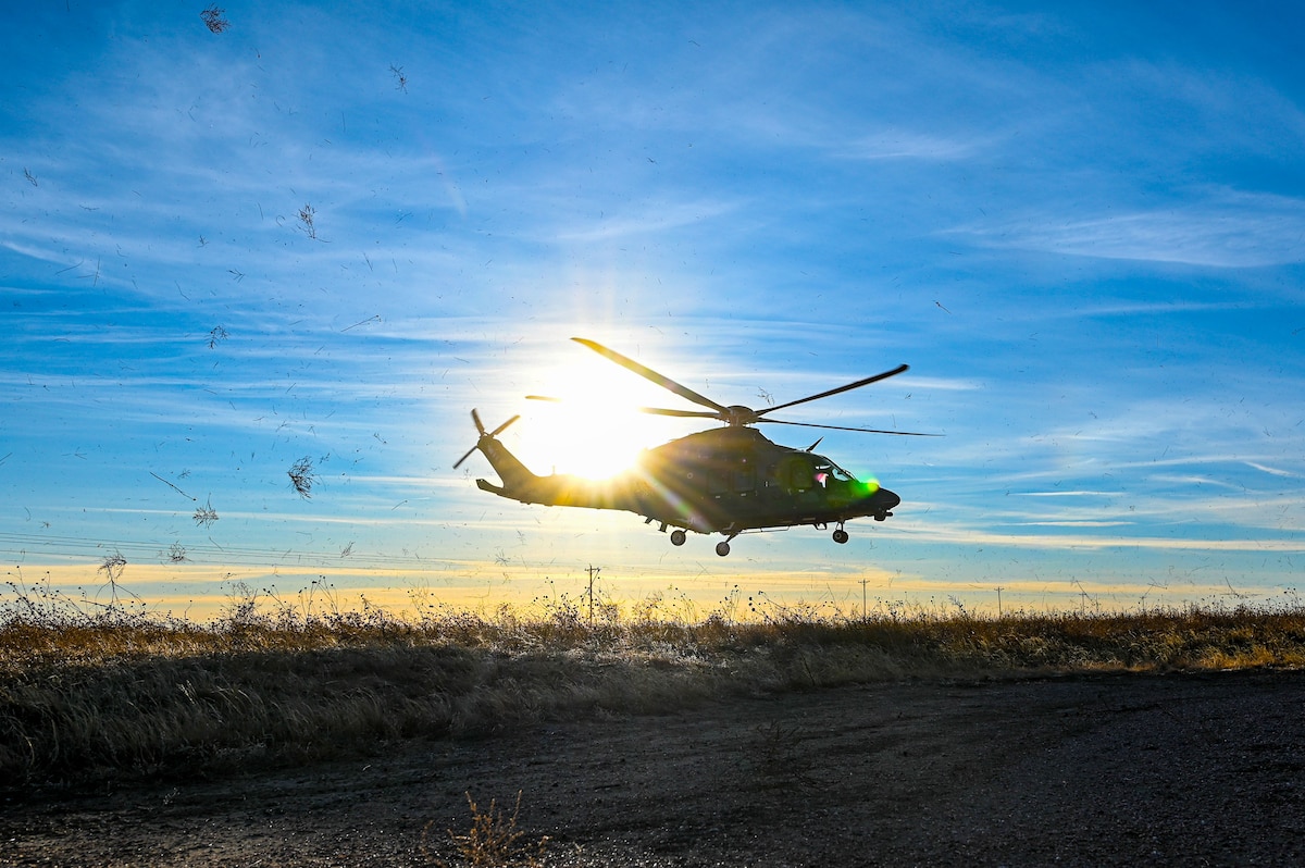 Secretary of the Air Force Troy Meink departs in a 582nd Helicopter Group MH-139 Grey Wolf after touring a 90th Missile Wing intercontinental ballistic missile launch facility near Albin, Wyo., Jan. 21, 2026. The visit highlighted how modernization efforts across the missile field support long-term readiness and strategic deterrence. (U.S. Air Force photo by Senior Airman Mattison Cole)