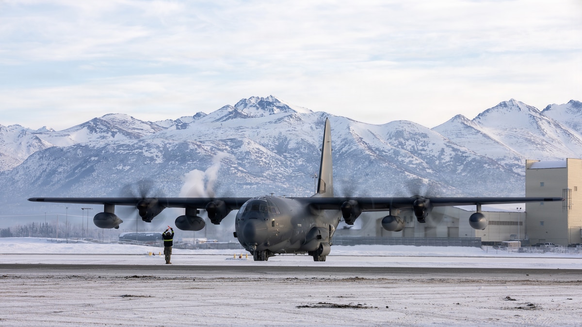 An HC-130J Combat King II assigned to the 211th Rescue Squadron, 176th Wing, Alaska Air National Guard, taxis after landing at Joint Base Elmendorf-Richardson, Alaska, Jan. 22, 2026. The HC-130J is equipped with advanced avionics to locate isolated personnel from extended ranges and supports the insertion of rescue forces through low- and high-altitude airdrops. (Alaska National Guard photo by Alejandro Peña)
