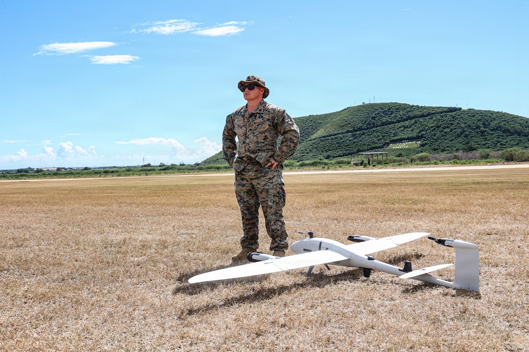 A U.S. Marine with Weapons Company, Battalion Landing Team 3/6, 22nd Marine Expeditionary Unit (Special Operations Capable), prepares a Quantum Systems Vector drone for take-off during unmanned aerial systems operations at Camp Santiago, Puerto Rico, Jan. 11, 2026. U.S. military forces are deployed to the Caribbean in support of the U.S. Southern Command mission, Department of War-directed operations, and the president’s priorities to disrupt illicit drug trafficking and protect the homeland. (U.S. Marine Corps photo)