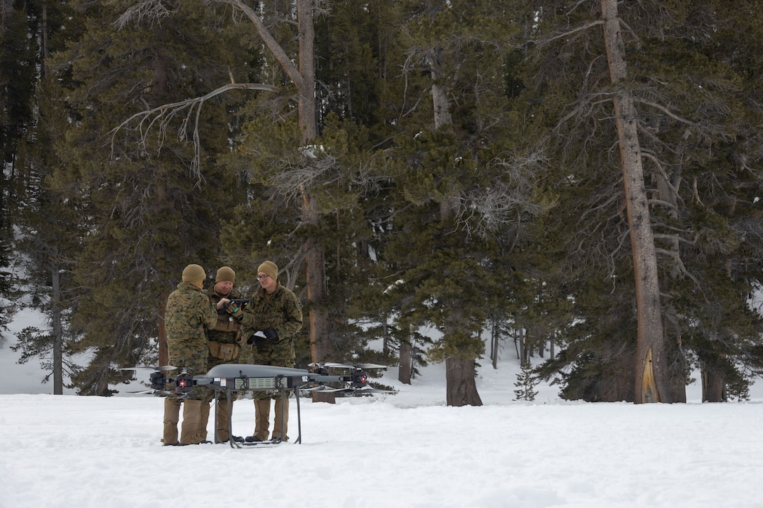 U.S. Marine Corps Cpl. Michael Russ, left, and Lance Cpl. Evan Graham, right, both logistics specialists, and Staff Sgt. Wesley Trumbly, a motor transport operations chief all with Combat Logistics Battalion 24, Combat Logistics Regiment 27, 2nd Marine Logistics Group, set up a Tactical Resupply Vehicle 150 for small, unmanned aircraft operations during Mountain Training Exercise 1-26 at Marine Corps Mountain Warfare Training Center in Bridgeport, California, Jan. 27, 2026. The sUAS operations were conducted to familiarize operators with the TRV-150 for future operations and missions across II Marine Expeditionary Force. Exercises like MTX 1-26 prove Marines’ ability to provide flexible and responsive combat service support during high intensity combat operations in contested and mountainous terrain. Russ is a native of Florida. Graham is a native of Michigan. Trumbly is a native of Colorado. (U.S. Marine Corps photo by Lance Cpl. Isabelle Veillette)