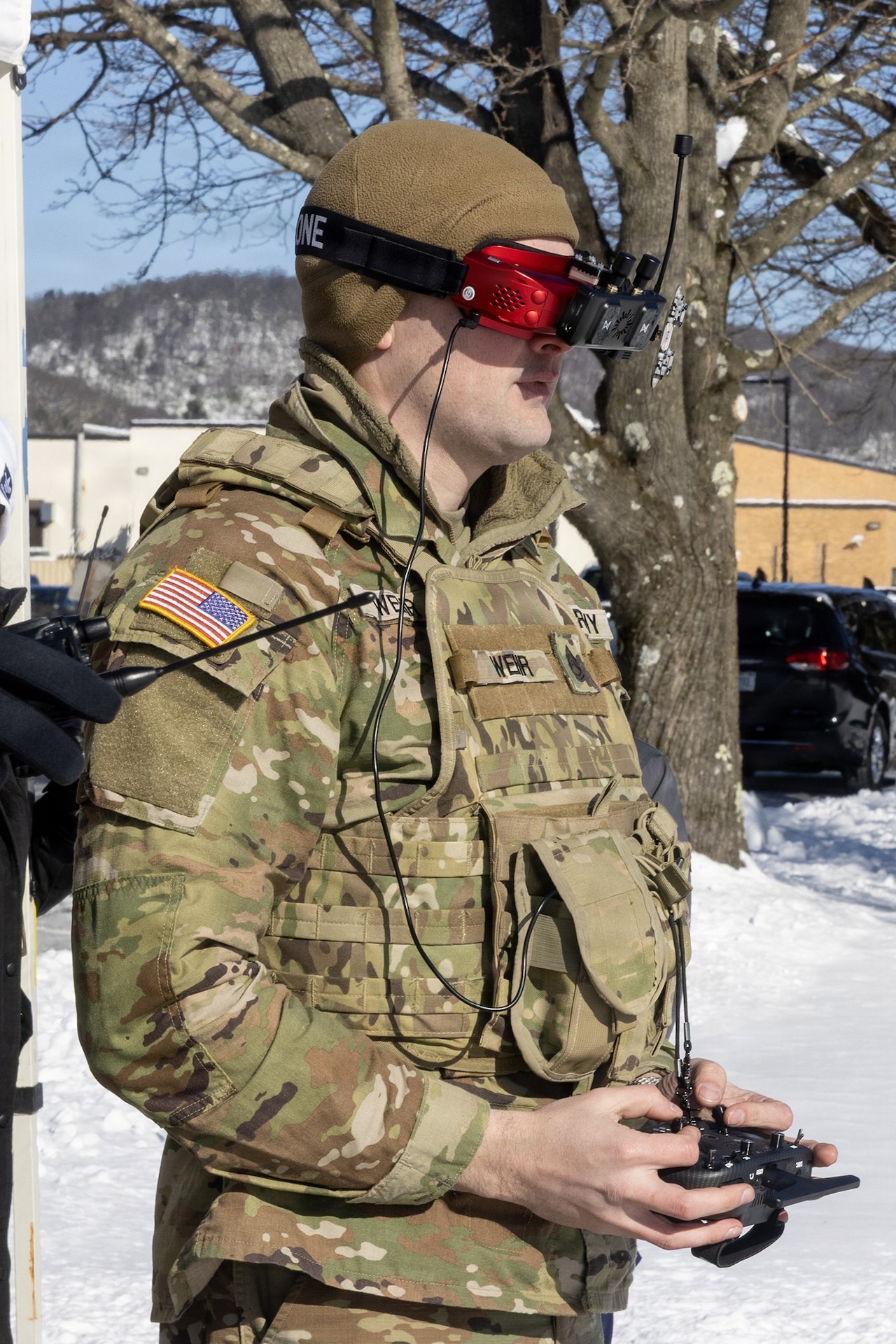 Sgt. 1st Class Brent Wehr of the Pennsylvania National Guard Unmanned Aircraft Systems Training and Innovation Facility takes part a UAS demonstration for Brent Ingraham, Assistant Secretary of the Army for Acquisition, Logistics, and Technology and Army Acquisition Executive, Jan. 20, 2026, at Picatinny Arsenal, New Jersey. (U.S. Army photo by Todd Mozes)