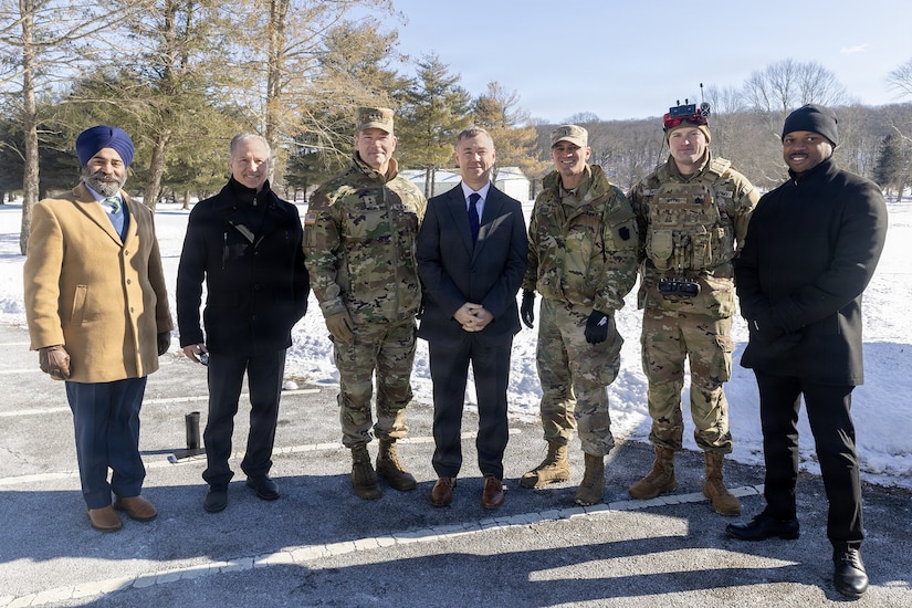 Chief Warrant Officer 3 Robert Reed and Sgt. 1st Class Brent Wehr of the Pennsylvania National Guard Unmanned Aircraft Systems Training and Innovation Facility took part a UAS demonstration for Brent Ingraham, Assistant Secretary of the Army for Acquisition, Logistics, and Technology and Army Acquisition Executive, Jan. 20, 2026, at Picatinny Arsenal, New Jersey. (U.S. Army photo by Todd Mozes)