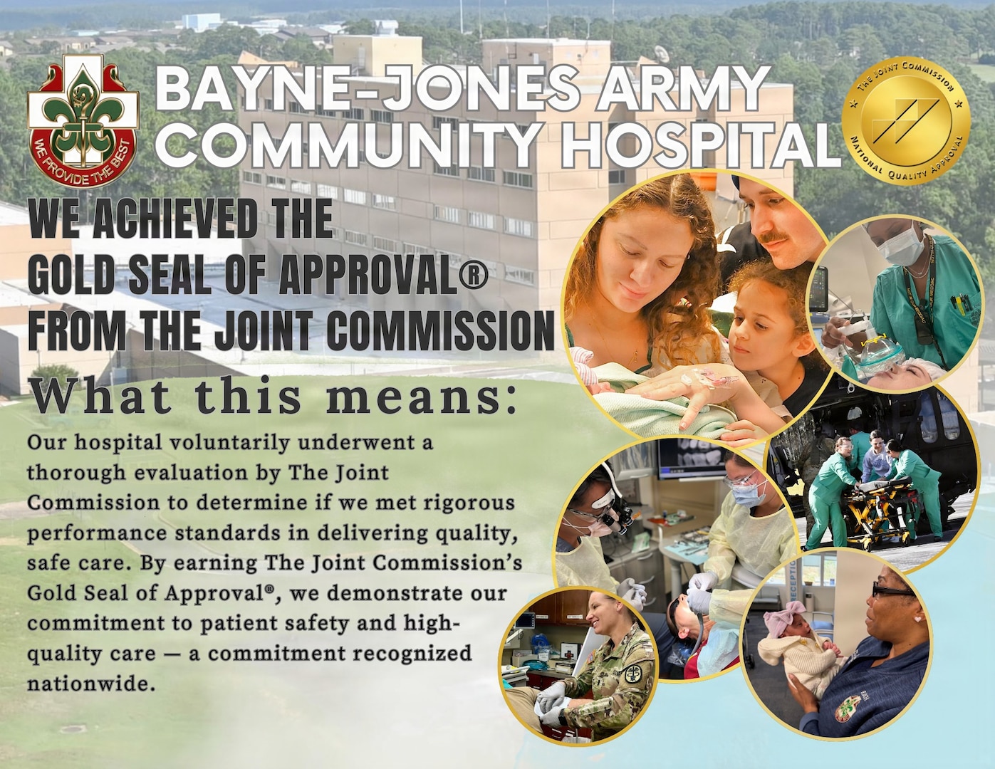 Graphic illustration highlighting Bayne-Jones Army Community Hospital earning The Joint Commission’s Gold Seal of Approval® for quality and safety at Fort Polk.