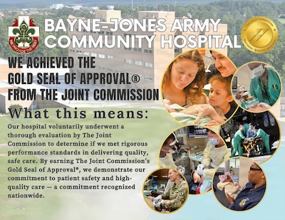 Graphic illustration highlighting Bayne-Jones Army Community Hospital earning The Joint Commission’s Gold Seal of Approval® for quality and safety at Fort Polk.