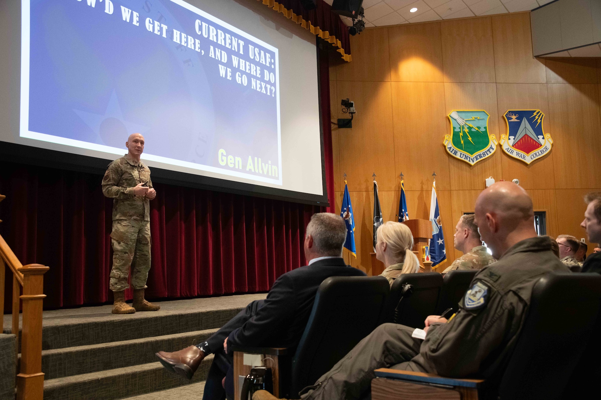 U.S. Air Force Chief of Staff Gen. David Allvin provides the capstone address to the Air War College class of 2025 and the civilian guests of the 71st National Security Forum at Maxwell Air Force Base, Alabama, May 8, 2025. NSF is a Secretary of the Air Force-sponsored  program that brings civilian business leaders, entrepreneurs and academics together with their military counterparts to foster communication and learning. (US Air Force photo by Melanie Rodgers Cox)