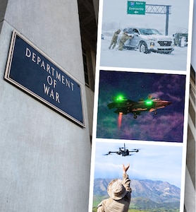 In a graphic, three photographs are stacked next to the Department of War sign on a building.