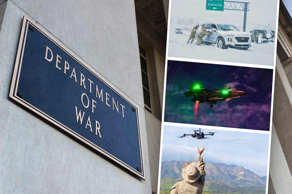 In a graphic, three photographs are stacked next to the Department of War sign on a building.