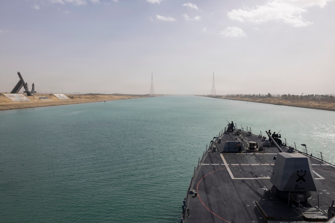 SUEZ CANAL (Jan. 28, 2026) – The Arleigh Burke-class guided-missile destroyer USS Delbert D. Black (DDG 119) transits the Suez Canal, Jan. 28. Delbert D. Black is deployed to the U.S. 5th Fleet area of operations to support maritime security and stability in the U.S. Central Command area of responsibility. (U.S. Navy photo by Mass Communication Specialist 1st Class Wendy Arauz)
