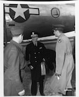 Vice Adm. Emory S. Land, U.S. Navy, arrives at Luqa Airport, Malta, on Jan. 28, 1945, for the Malta meeting of the combined Chiefs of Staff, a key wartime conference involving Allied leaders. (U.S. Navy photo, National Archives)