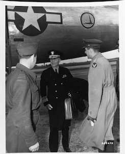 Vice Adm. Emory S. Land, U.S. Navy, arrives at Luqa Airport, Malta, on Jan. 28, 1945, for the Malta meeting of the combined Chiefs of Staff, a key wartime conference involving Allied leaders. (U.S. Navy photo, National Archives)