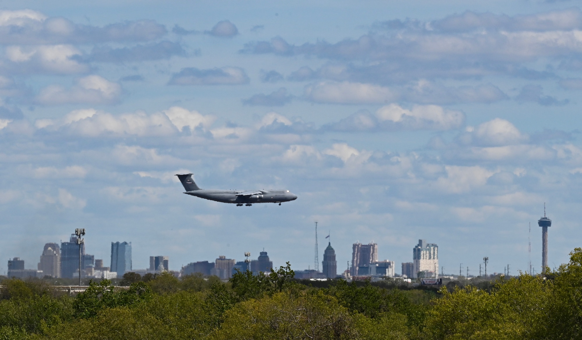 A 433rd Airlift Wing C-5M Super Galaxy approaches the runway at Kelly Field, Joint Base San Antonio-Lackland, Texas on Oct. 4, 2023.