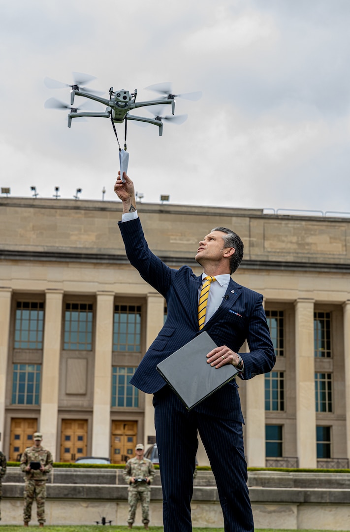 U.S. Secretary of Defense Pete Hegseth hosts a drone demonstration at the Pentagon, July 10, 2025. The event was hosted to portray the Secretary of Defense’s initiative of 250710-Unleashing U.S. Military Drone Dominance. DLA Troop Support is supporting DoW’s mission through a new Drone Marketplace that provides an efficient, reliable and secure place for customers to purchase Unmanned Ariel Systems. (U.S. Marine Corps Photo by Lance Cpl. Isaac Llanez Delgado)