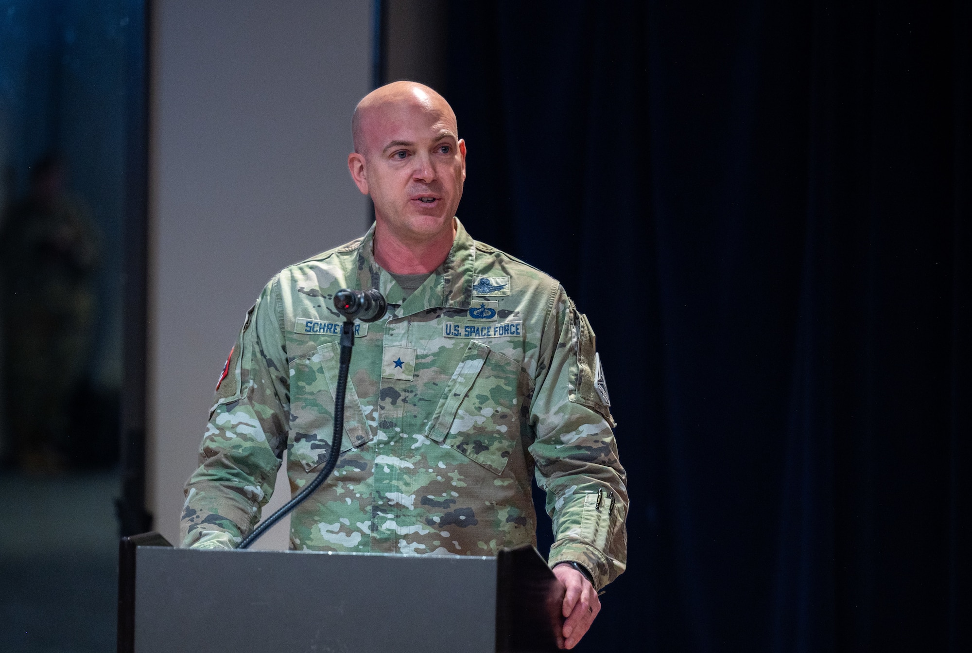 Brig. Gen. Robert Schreiner, SPACEFOR-NORTH commander provides closing remarks during the SPACEFOR-NORTH activation ceremony at Peterson SFB, Colo., Jan 30, 2026. U.S. Space Forces Northern, serves as the Space Force service component to U.S. Northern Command. (U.S. Space Force photo by John Ayre)