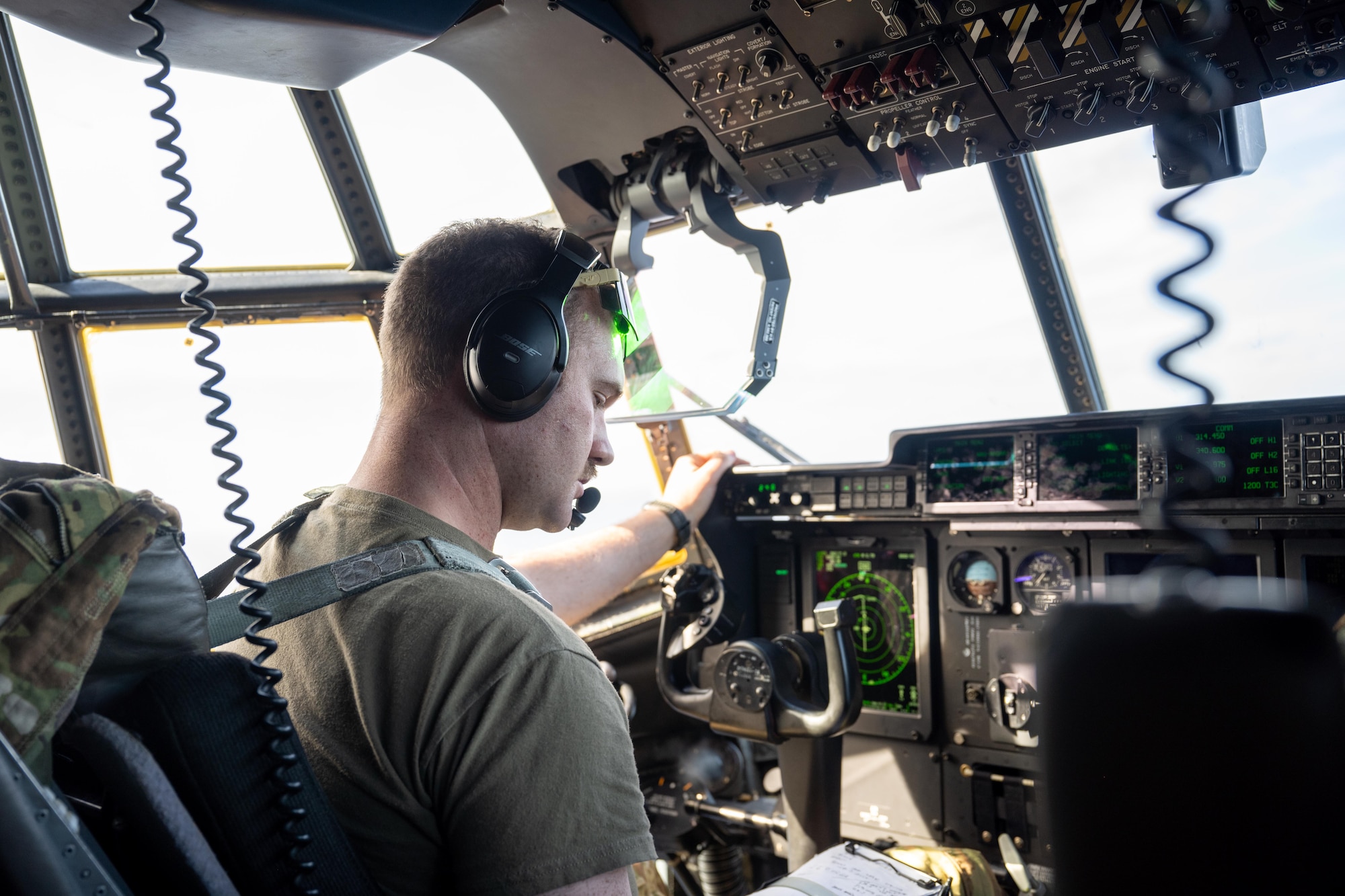 U.S. Air Force Capt. Gordon Milne, 40th Airlift Squadron pilot, flies a C-130J Super Hercules during Exercise Palmetto Reach near Saipan, Northern Mariana Islands, Jan. 19, 2026. Participation in Palmetto Reach reinforced the 317th Airlift Wing’s ability to project airpower, sustain operations across vast distances and integrate with strategic airlift partners. (U.S. Air Force photo by Airman 1st Class Adrien Tran)
