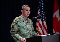 Gen. Gregory Guillot, North American Aerospace Defense Command and U.S. Northern Command commander, provides remarks during the SPACEFOR-NORTH activation ceremony at Peterson SFB, Colo., Jan 30, 2026. U.S. Space Forces Northern, serves as the Space Force service component to U.S. Northern Command. (U.S. Space Force photo by John Ayre)