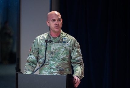 Brig. Gen. Robert Schreiner, SPACEFOR-NORTH commander provides closing remarks during the SPACEFOR-NORTH activation ceremony at Peterson SFB, Colo., Jan 30, 2026. U.S. Space Forces Northern, serves as the Space Force service component to U.S. Northern Command. (U.S. Space Force photo by John Ayre)