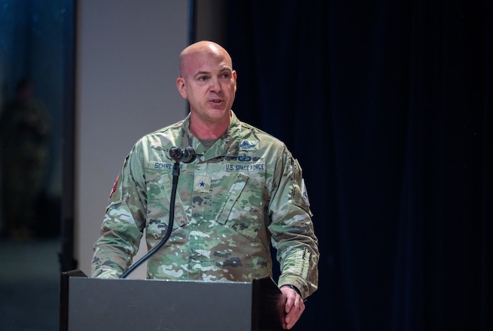Brig. Gen. Robert Schreiner, SPACEFOR-NORTH commander provides closing remarks during the SPACEFOR-NORTH activation ceremony at Peterson SFB, Colo., Jan 30, 2026. U.S. Space Forces Northern, serves as the Space Force service component to U.S. Northern Command. (U.S. Space Force photo by John Ayre)