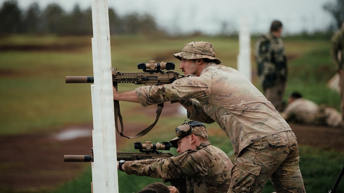 Soldiers assigned to the 25th Infantry Division conduct positional shooting drills with the M7 rifle during training at Schofield Barracks, Hawaii, Jan. 21, 2026.