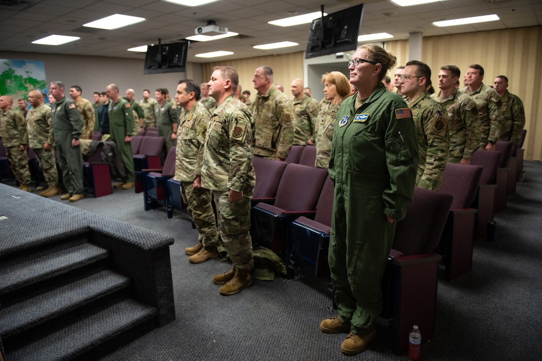 Members of the 123rd Airlift Wing stand at attention during a change-of-command ceremony at the Kentucky Air National Guard Base in Louisville, Ky., Dec. 14, 2025. Lt. Col. Josh Ketterer replaced Col. Randall Hood as 123rd Operations Group commander during the event. (U.S. Air National Guard photo by Tech. Sgt. Chloe Ochs)