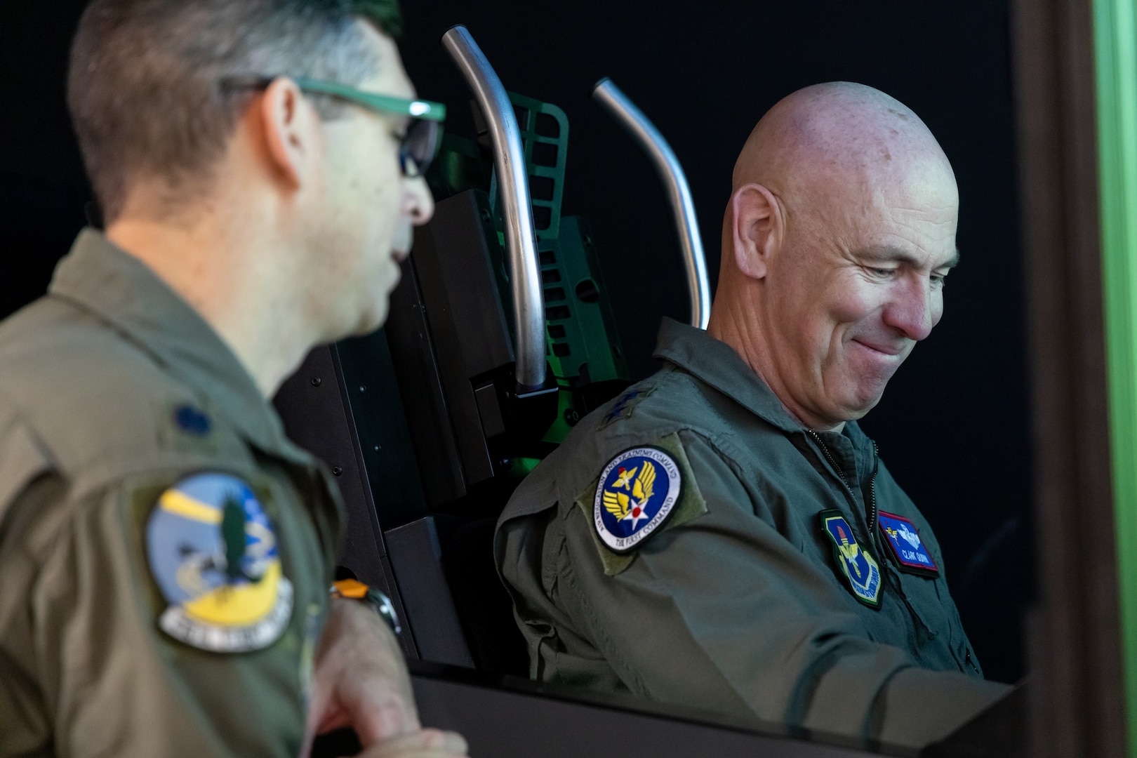 Lt. Gen. Clark Quinn, Air Education and Training Command commander, receives T-7 training from Lt. Col. Jonathan Aronoff, 416th Flight Test Squadron T-7 lead test pilot