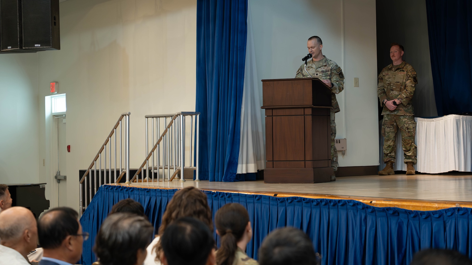 U.S. Air Force Lt. Col. Daniel Evans, outgoing 51st Security Forces Squadron commander, delivers remarks during a change of command ceremony at Osan Air Base, Republic of Korea, June 26, 2026. The ceremony honored Evan’s service and leadership as he relinquished command of the squadron. (U.S. Air Force photo by Senior Airman Megan Cusmano)