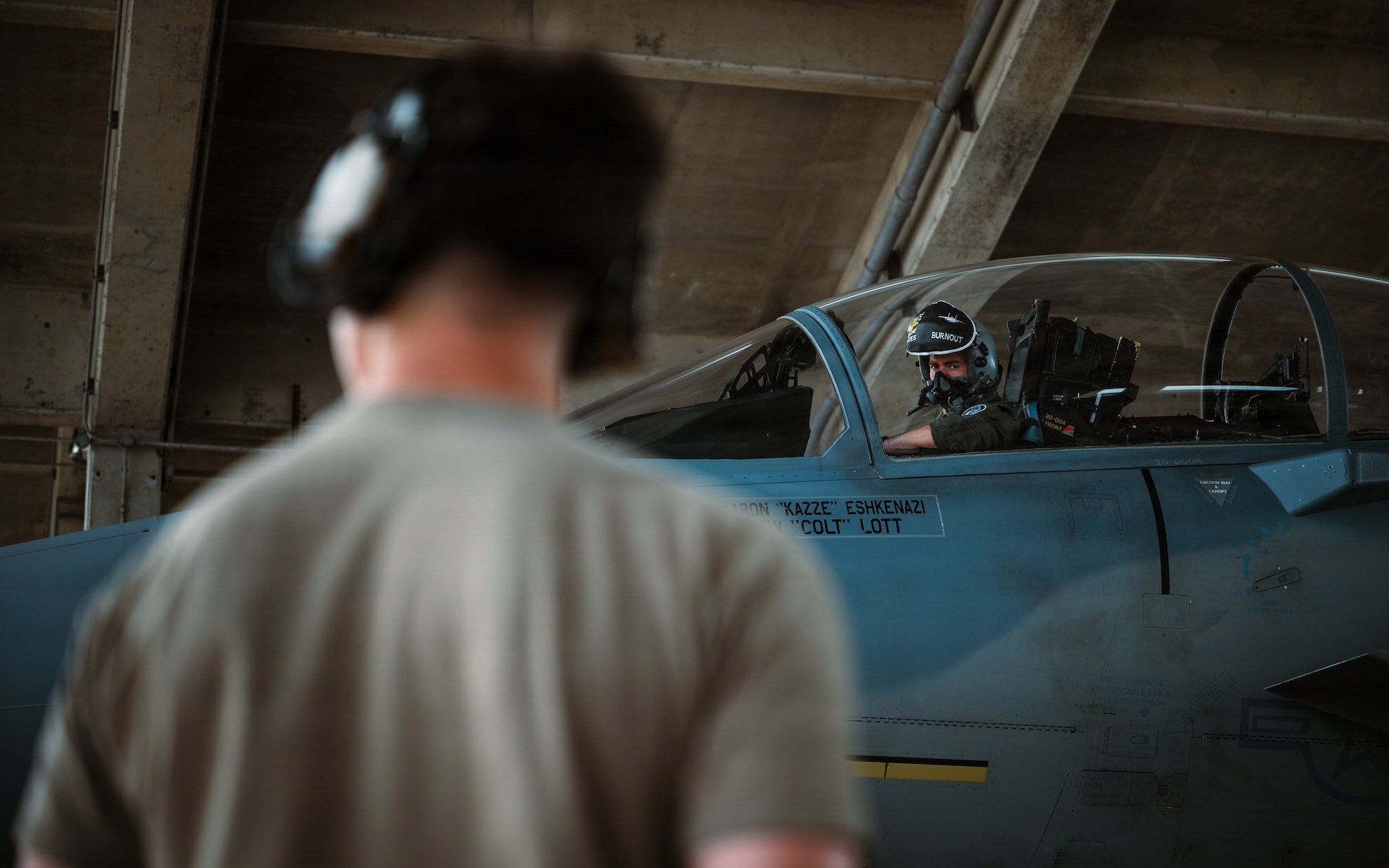 A U.S. Air Force F-15EX Eagle II assigned to 85th Test and Evaluation Squadron, Eglin Air Force Base, Florida, taxis into a hangar at Kadena Air Base, Japan, June 29, 2026.