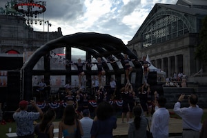 U.S. Army Soldiers with "Free Groove," the premier music ensemble of the U.S. Army Europe and Africa Band and Chorus, deliver three distinct performances across the Brussels Triumphal Arch, the Autoworld museum, and Square de la bouteille in Brussels, Belgium, June 29, 2026. The day of performances culminated in a joint on-stage collaboration with the "Zac Brown Band" to represent the U.S. Army Europe and Africa Band during diplomatic and public outreach events celebrating the transatlantic alliance. (U.S. Army photo by Staff Sergeant Jeffery McCormick)