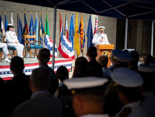 Rear Adm. Kevin J. Brown, commander, Naval Medical Forces Pacific, and director, Defense Health Network Pacific Rim, delivers remarks during the Navy Medicine Readiness and Training Command (NMRTC) San Diego change of command and Naval Medical Center San Diego (NMCSD) transfer of directorship ceremony at NMCSD, June 30, 2026. NMRTC San Diego supports Navy and Marine Corps readiness by ensuring its medical forces are ready to deploy and provide medical support, ashore or at sea. The mission of NMCSD is to optimize health and enhance readiness. NMCSD employs more than 5,500 active-duty military personnel, civilians, and contractors in southern California to deliver exceptional care afloat and ashore. (U.S. Navy photo by Mass Communication Specialist 1st Class Marcus Stanley)