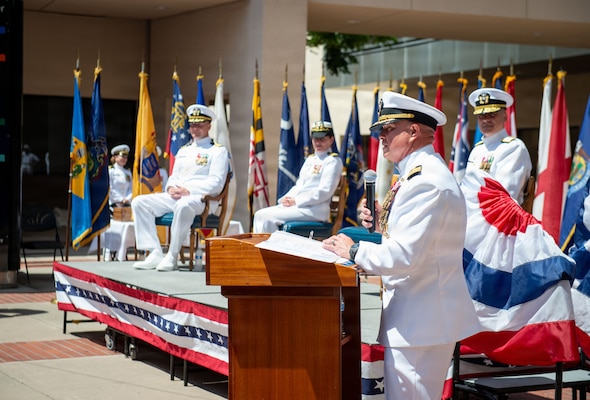 Capt. Jerry J. Bailey, director of Naval Medical Center San Diego (NMCSD), delivers remarks after assuming the duties as director during the Navy Medicine Readiness and Training Command (NMRTC) San Diego change of command and NMCSD transfer of directorship ceremony at NMCSD, June 30, 2026. Bailey assumed leadership of NMCSD following the transfer of directorship from Capt. Elizabeth Adriano. NMRTC San Diego supports Navy and Marine Corps readiness by ensuring its medical forces are ready to deploy and provide medical support, ashore or at sea. The mission of NMCSD is to optimize health and enhance readiness. NMCSD employs more than 5,500 active-duty military personnel, civilians, and contractors in southern California to deliver exceptional care afloat and ashore. (U.S. Navy photo by Mass Communication Specialist 1st Class Marcus Stanley)