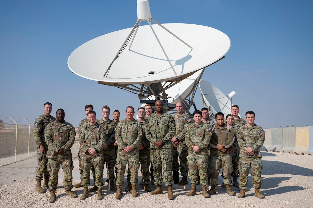 U.S. Navy Fleet Master Chief Lateef Compton, U.S. Central Command senior enlisted leader, visits Airmen and Guardians in the CENTCOM area of responsibility, Jan. 7, 2025. Compton visited multiple sites around the base and had lunch with Airmen and Guardians assigned to U.S. Space Forces - Central. (U.S. Air Force photo by Senior Airman Devlin Bishop)