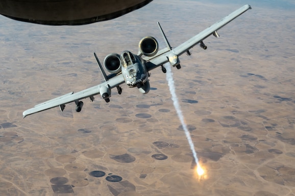 A U.S. Air Force A-10 Thunderbolt II aircraft releases flares in the U.S. Central Command area of responsibility May 31, 2026.  (U.S. Air Force photo by Tech Sgt Tiffany A. Emery)
