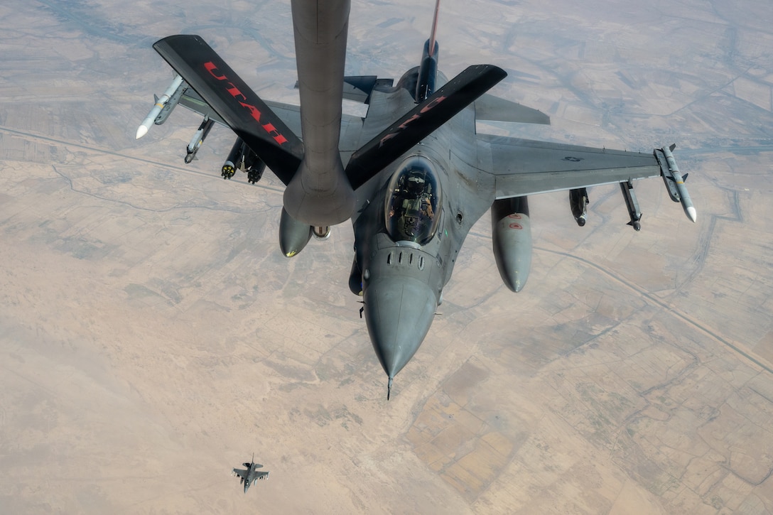 A U.S. Air Force F-16 Fighting Falcon aircraft approaches the boom of a U.S. Air Force KC-135 Stratotanker aircraft over the U.S. Central Command area of responsibility June 10, 2026.  (U.S. Air Force photo by Tech Sgt Tiffany A. Emery)