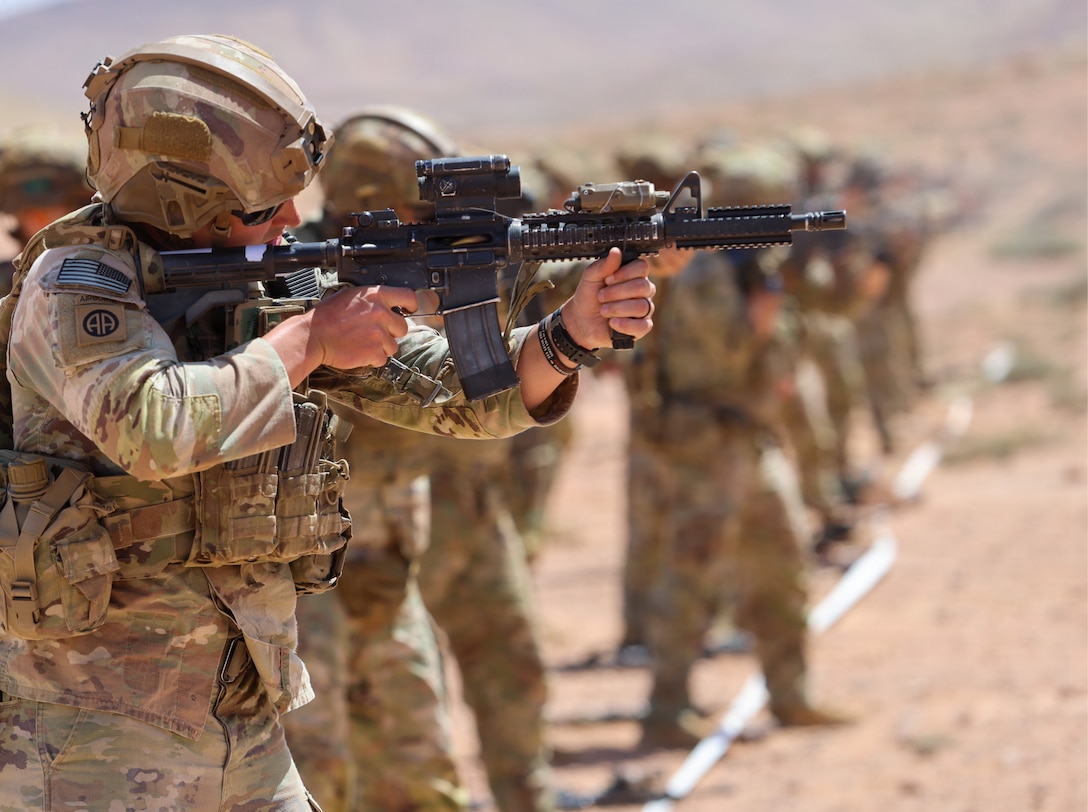 U.S. Army paratroopers conduct marksmanship training with the M4 carbine in the Middle East. Such training helps soldiers maintain weapons proficiency, accuracy, and weapons handling skills in a variety of settings. (U.S. Army photo)