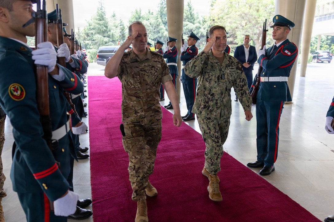 Adm. Brad Cooper, CENTCOM Commander, meets with President Joseph Aoun and Lebanese Armed Forces Commanding General Rodolphe Haykal during a visit to Lebanon, June 29, 2026. The leaders discussed the path forward in implementing a historic framework agreement signed in Washington, D.C., on Friday. (U.S. Central Command Photo)