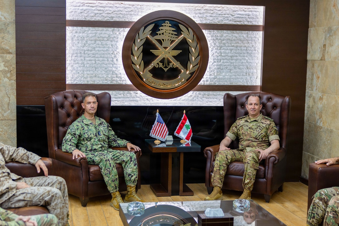 Adm. Brad Cooper, CENTCOM Commander, meets with President Joseph Aoun and Lebanese Armed Forces Commanding General Rodolphe Haykal during a visit to Lebanon, June 29, 2026. The leaders discussed the path forward in implementing a historic framework agreement signed in Washington, D.C., on Friday. (U.S. Central Command Photo)