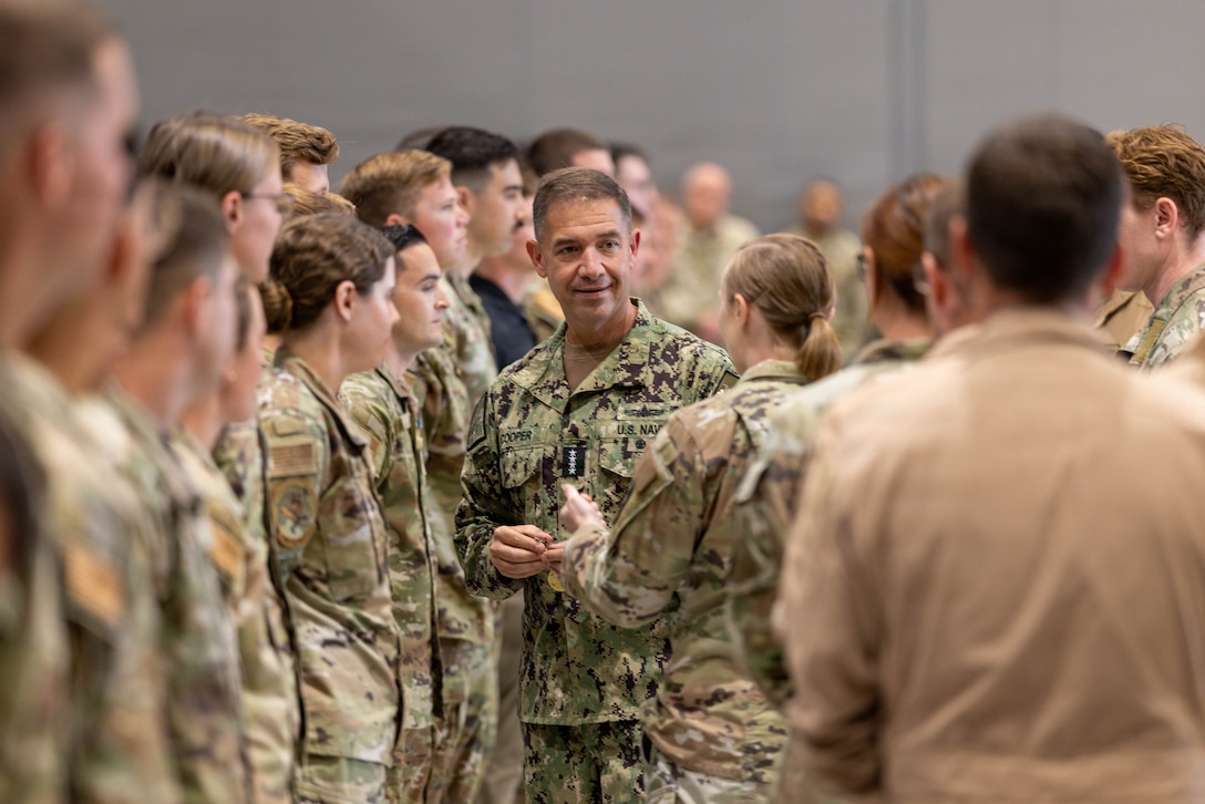 Adm. Brad Cooper, CENTCOM Commander, meets with U.S. troops assigned to U.S. Air Forces Central at a base in Israel, June 27, 2026. Cooper recognized exceptional performers for outstanding mission contributions. (U.S. Central Command Photo)