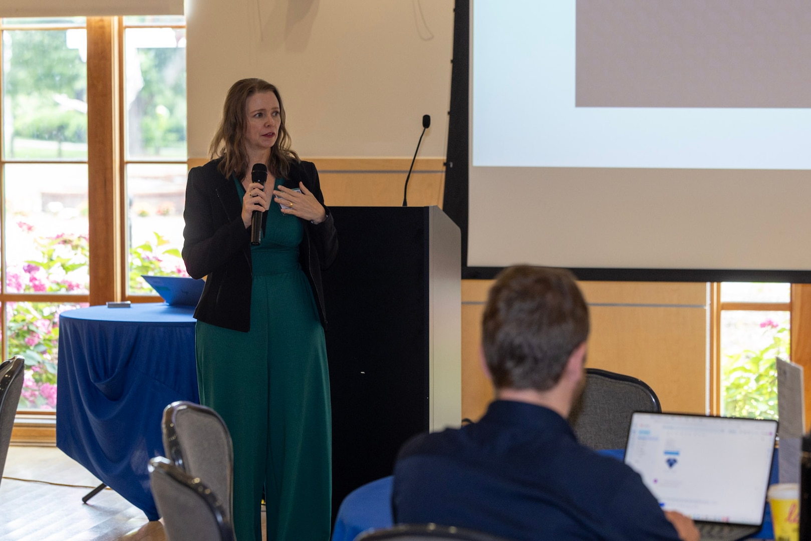 Fairfax City Economic Development CEO Colleen Karsdasz addresses attendees about the importance of partnerships and innovation during the Sensors & Autonomy Reverse Pitch Day.