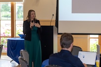 Fairfax City Economic Development CEO Colleen Karsdasz addresses attendees about the importance of partnerships and innovation during the Sensors & Autonomy Reverse Pitch Day.