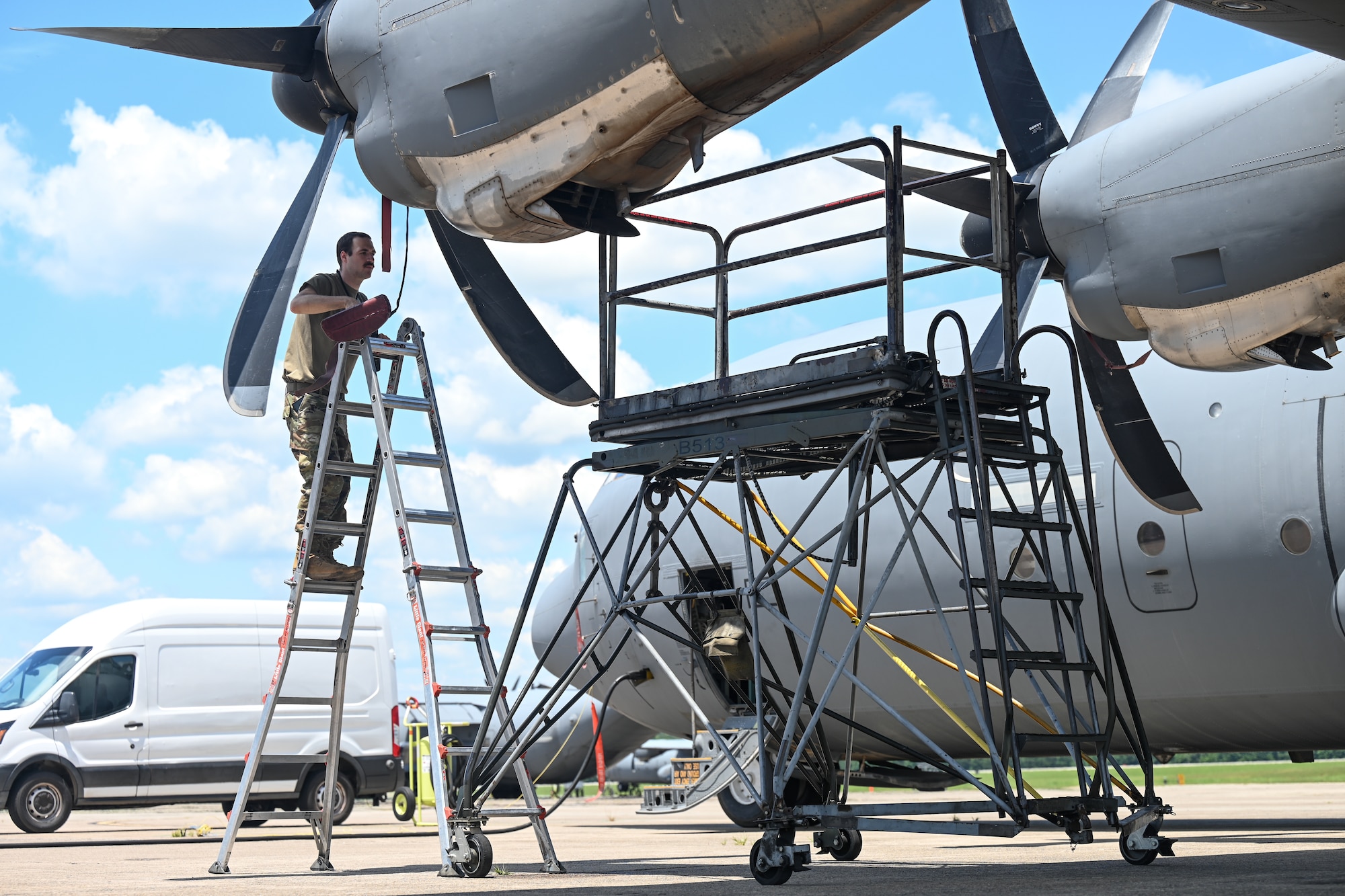 An Airman works on a aircraft.