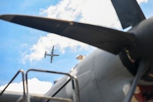 An aircraft flies in the sky.