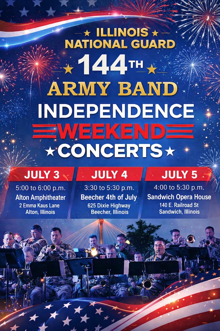 Concert Flyer for 3 scheduled 144th Army Band concerts for Independence Day weekend.