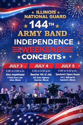 Concert Flyer for 3 scheduled 144th Army Band concerts for Independence Day weekend.