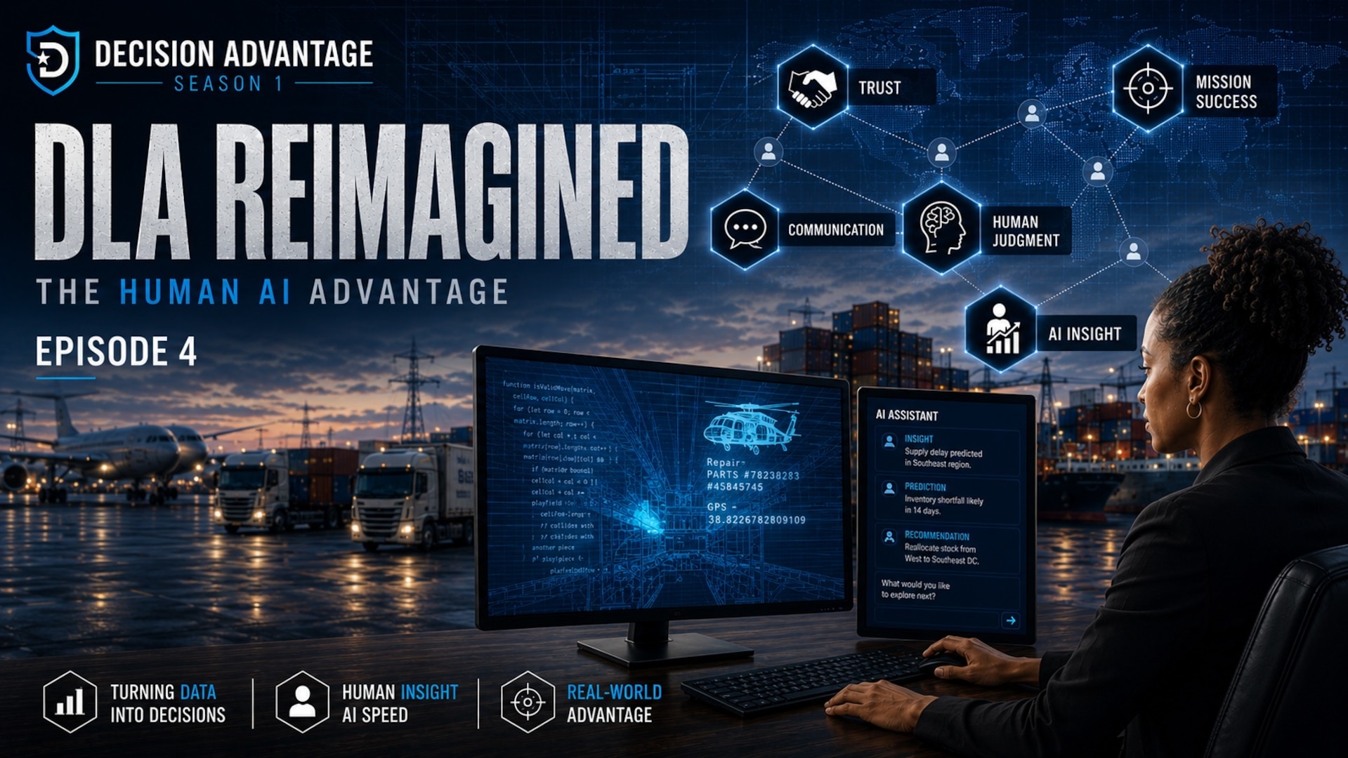 A graphic shows a woman at a computer with the words "DLA Reimagined" in the background.