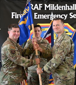 U.S. Air Force Col. Brandon Bernardoni, right, 100th Mission Support Group commander, receives a guidon from Col. Steven Byrum, 100th Air Refueling Wing commander, during a change of command ceremony at RAF Mildenhall, England, June 26, 2026. Bernardoni was previously a Joint Planner at U.S. European Command in the War Plans Division at Stuttgart, Germany. He was responsible to the Commander, EUCOM, to implement military strategy and develop deliberate plans in cooperation with command activities involving other U.S. Combatant Commands, allied and partner military organizations, and subordinate commands within the USEUCOM area of responsibility. (U.S. Air Force photo by Karen Abeyasekere)